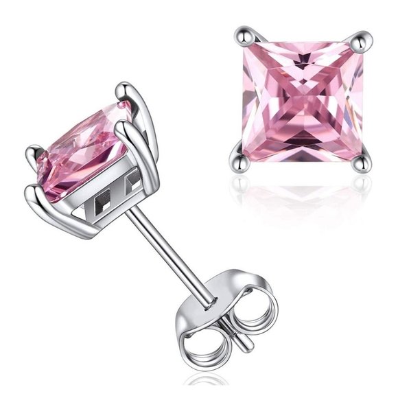 Pink Swarovski Crystal 14K White Gold Finish Square Stud Earrings - Picture 1 of 2